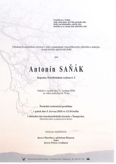 Smuteční oznámení – Antonín Saňák