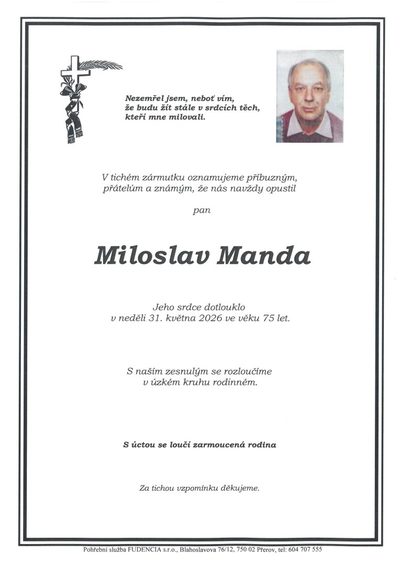 Smuteční oznámení – Miloslav Manda