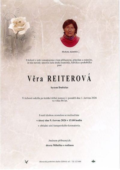 Smuteční oznámení – Věra Reiterová