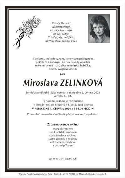 Smuteční oznámení – Miroslava Zelinková