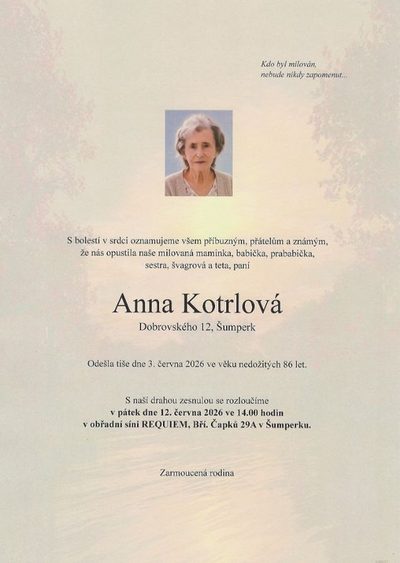 Smuteční oznámení – Anna Kotrlová