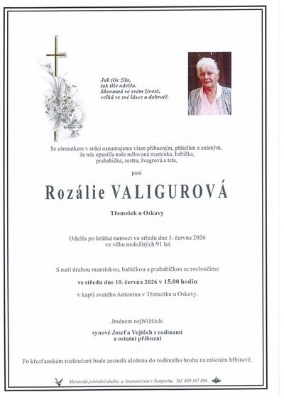 Smuteční oznámení – Rozálie Valigurová
