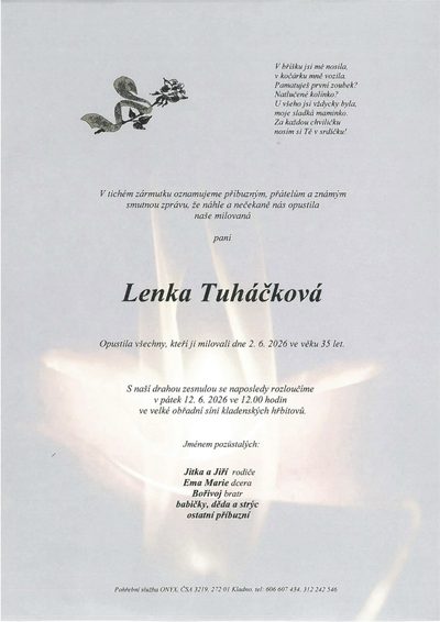Smuteční oznámení – Lenka Tuháčková