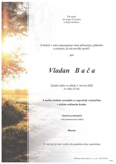 Smuteční oznámení – Vladan Bača