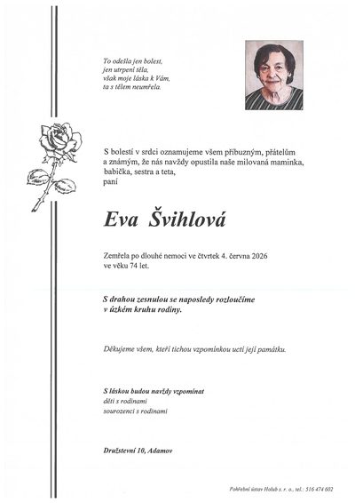 Smuteční oznámení – Eva Švihlová