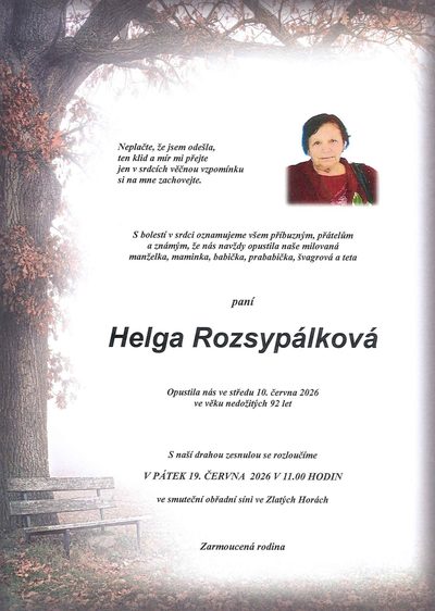 Smuteční oznámení – Helga Rozsypálková