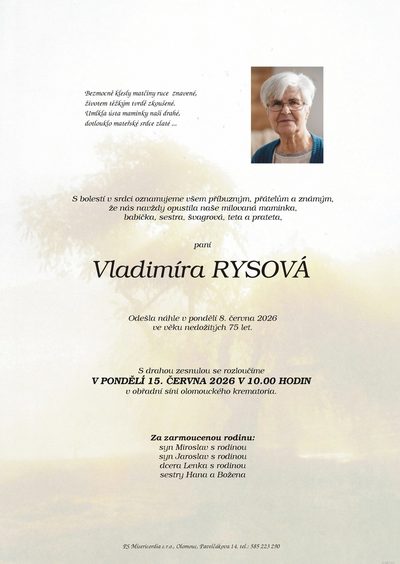 Smuteční oznámení – Vladimíra Rysová