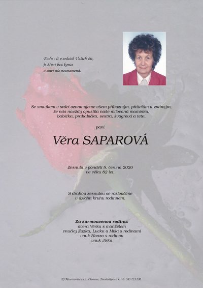 Smuteční oznámení – Věra Saparová