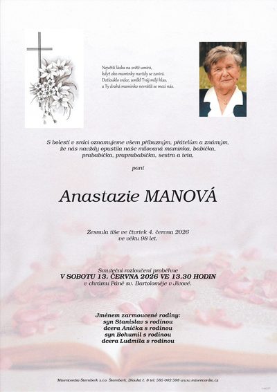 Smuteční oznámení – Anastazie Manová