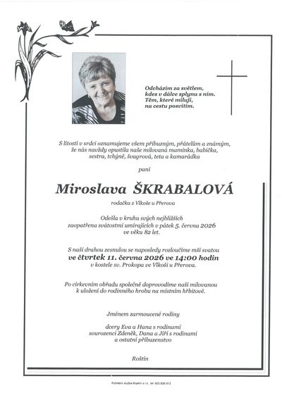 Smuteční oznámení – Miroslava Škrabalová
