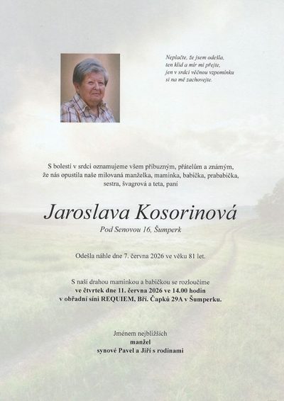 Smuteční oznámení – Jaroslava Kosorinová