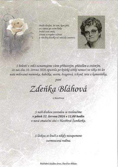 Smuteční oznámení – Zdeňka Bláhová