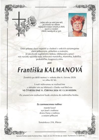 Smuteční oznámení – Františka Kalmanová