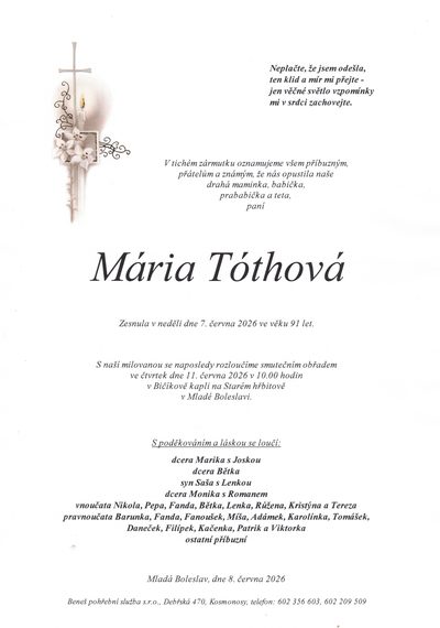 Smuteční oznámení – Mária Tóthová