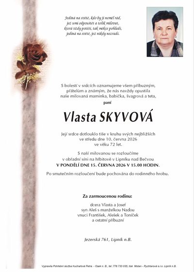 Smuteční oznámení – Vlasta Skyvová