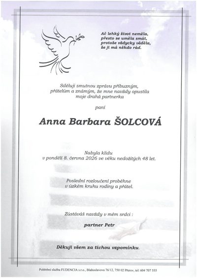 Smuteční oznámení – Anna Barbara Šolcová