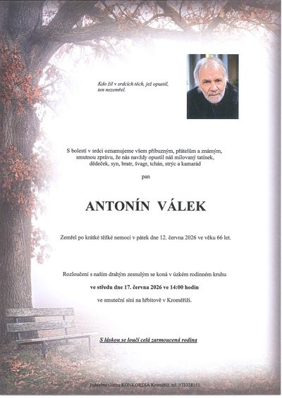 Smuteční oznámení – Antonín Válek