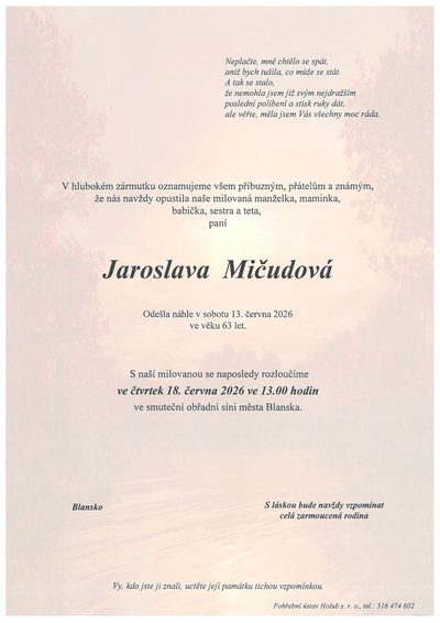 Smuteční oznámení – Jaroslava Mičudová