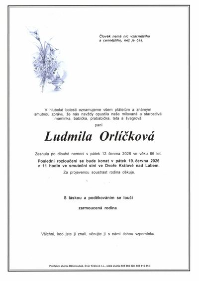 Smuteční oznámení – Ludmila Orlíčková
