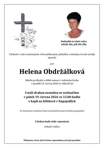 Smuteční oznámení – Helena Obdržálková
