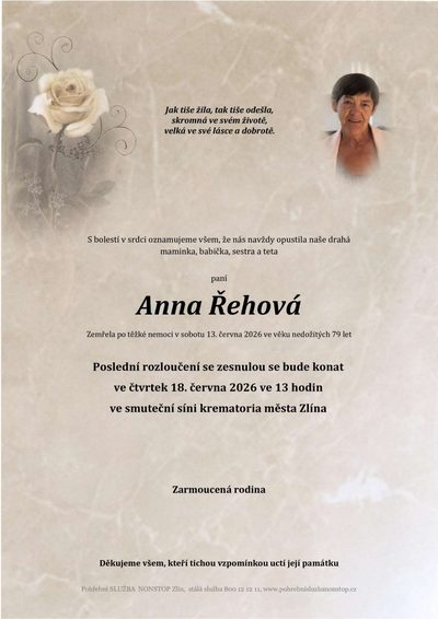 Smuteční oznámení – Anna Řehová