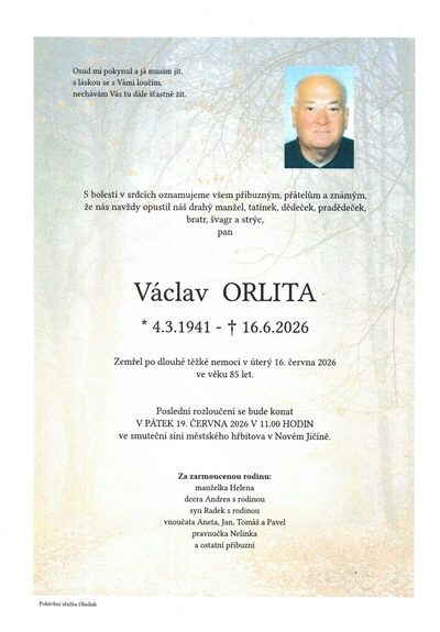Smuteční oznámení – Václav Orlita