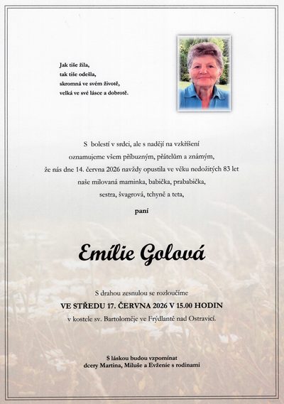 Smuteční oznámení – Emílie Golová