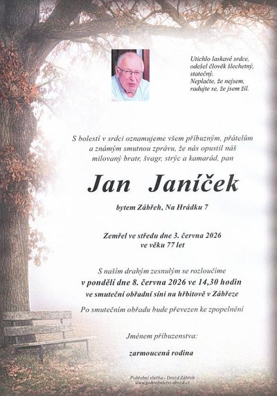Smuteční oznámení – Jan Janíček