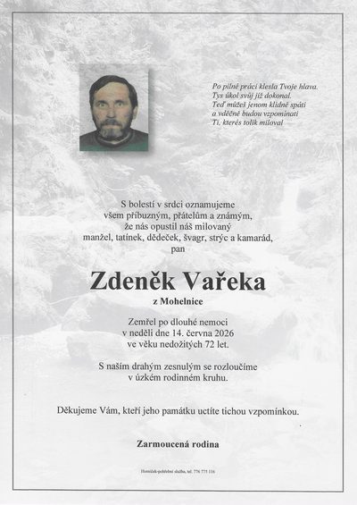 Smuteční oznámení – Zdeněk Vařeka