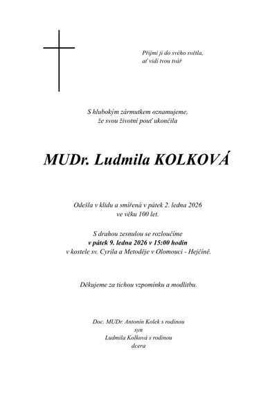 Smuteční oznámení – MUDr. Ludmila Kolková