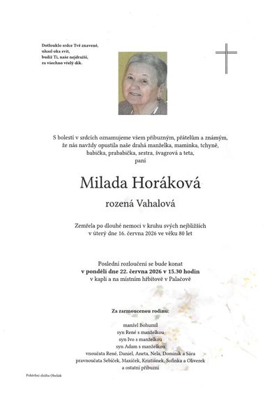 Smuteční oznámení – Milada Horáková