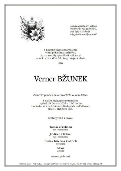 Smuteční oznámení – Verner Bžunek