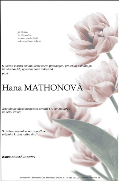 Smuteční oznámení – Hana MATHONOVÁ