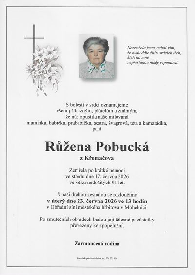 Smuteční oznámení – Růžena Pobucká