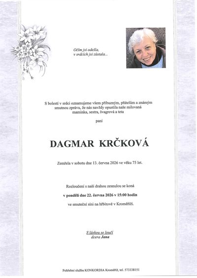 Smuteční oznámení – DAGMAR KRČKOVÁ