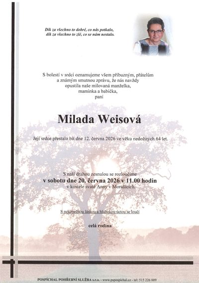 Smuteční oznámení – Milada Weisová