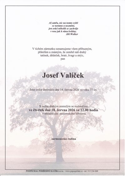 Smuteční oznámení – Josef Valíček