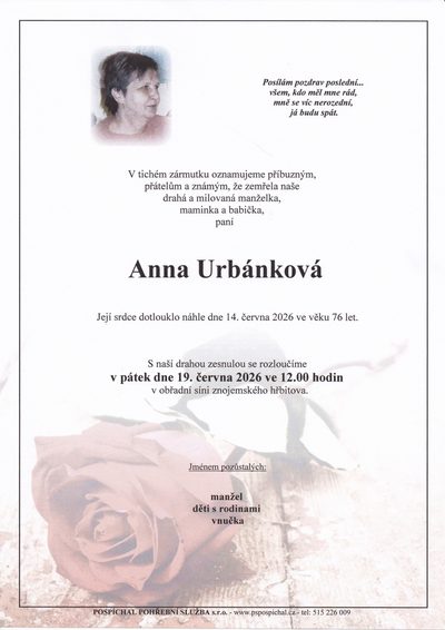 Smuteční oznámení – Anna Urbánková