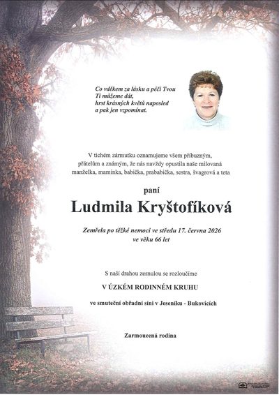 Smuteční oznámení – Ludmila Kryštofiková