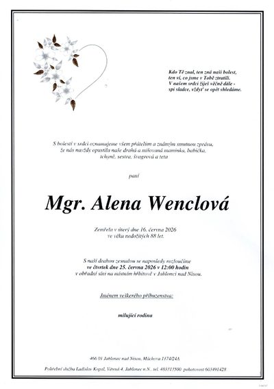 Smuteční oznámení – Alena Wenclová