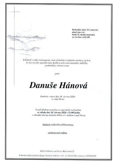 Smuteční oznámení – Danuše Hánová