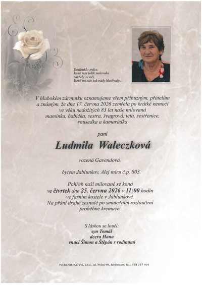 Smuteční oznámení – Ludmila Waleczková