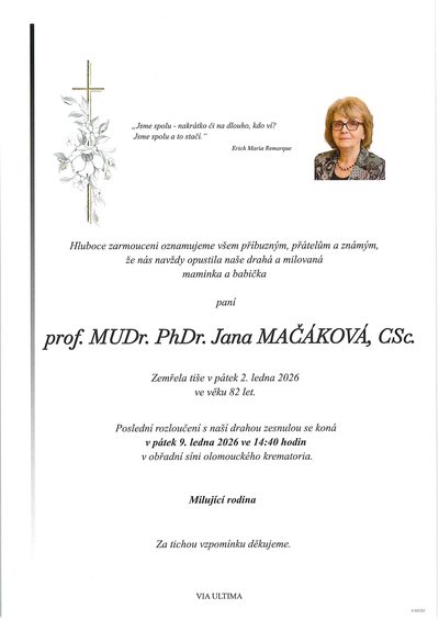 Smuteční oznámení – prof. MUDr. PhDr. Jana CSc. Mačáková,