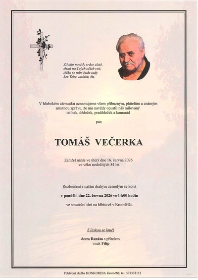 Smuteční oznámení – TOMÁŠ VEČERKA