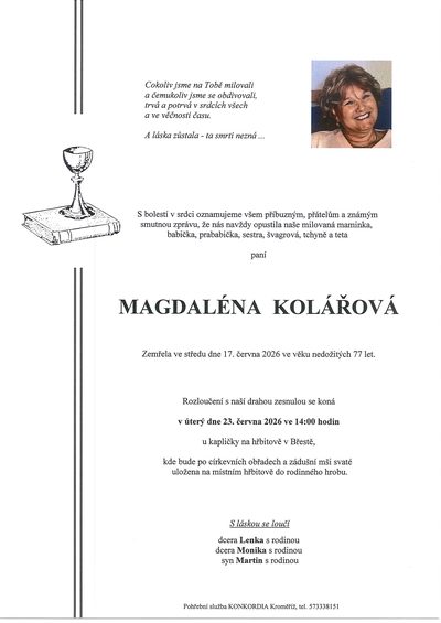 Smuteční oznámení – MAGDALÉNA KOLÁŘOVÁ