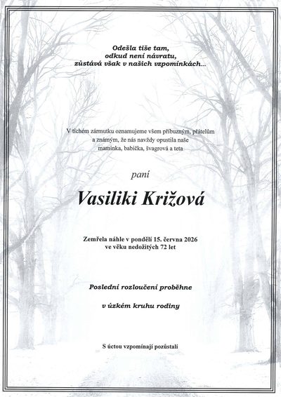 Smuteční oznámení – Vasiliki Križová