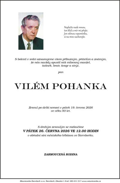 Smuteční oznámení – Vilém Pohanka