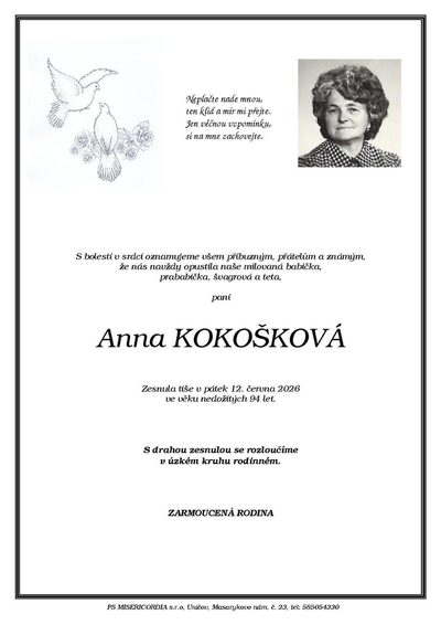 Smuteční oznámení – Anna Kokošková