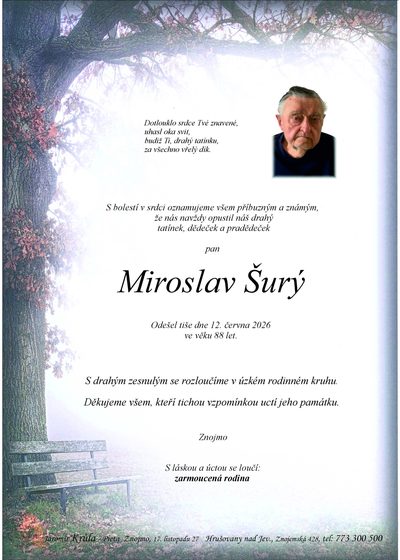 Smuteční oznámení – Miroslav Šurý