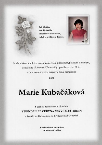 Smuteční oznámení – Marie Kubačáková